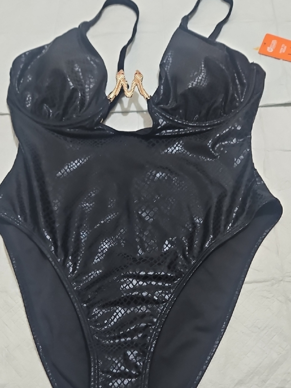 Black Women’s One-Piece Swimsuit with Gold Accent